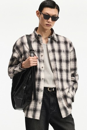 Vintage Frayed Check Overshirt (Black) TNSH6F106BK