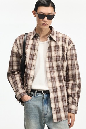 Vintage Frayed Check Overshirt (Brown) TNSH6F106W2