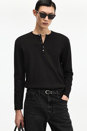 Ribbed Slim Fit Henley Neck Long Sleeve (Black) TNTS6F102BK