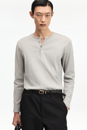 Ribbed Slim Fit Henley Neck Long Sleeve (Melange Grey) TNTS6F102G2