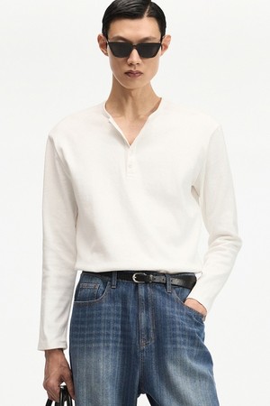 Ribbed Slim Fit Henley Neck Long Sleeve (Ivory) TNTS6F102IV