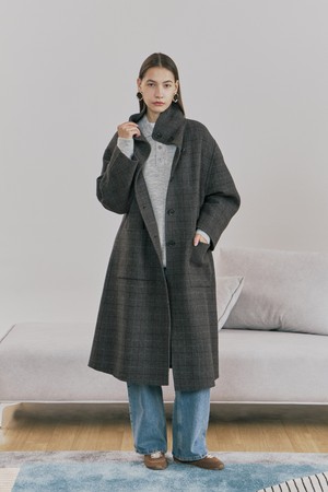 울 핸드메이드 하이넥 롱 코트 그레이