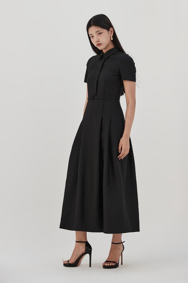 HAGAHI - 반소매 원피스 - Belted Long Dress - Black