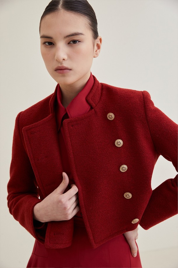 HAGAHI - 자켓 - Wool Cropped Tweed Jacket- Red