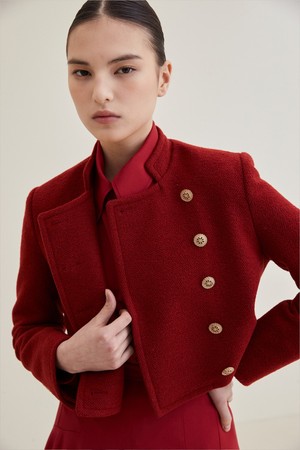 Wool Cropped Tweed Jacket- Red