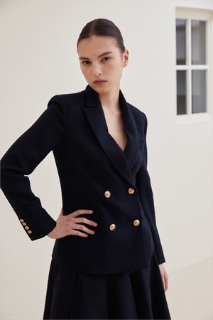 Double Breasted Virgin Wool Jacket-Navy/ Gold button