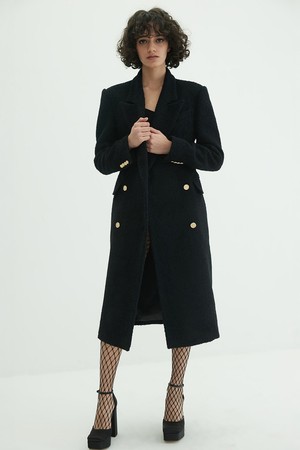 Double Breasted Wool Long Coat- Black