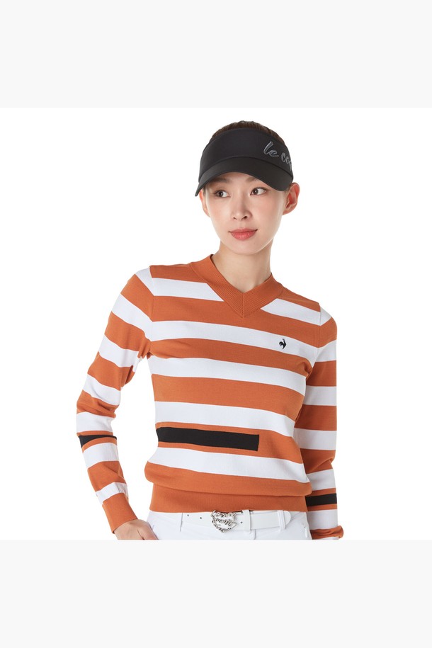 le coq sportif golf - 베스트/가디건 - 여성 스트라이프 배색 V넥 스웨터 (GP322LKP82)