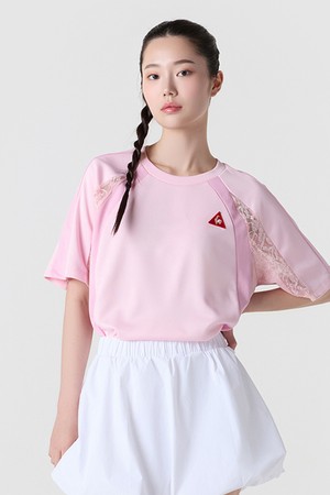 여성 레이스 져지 루즈핏 반팔티셔츠 - 핑크(QQ122LRS37)