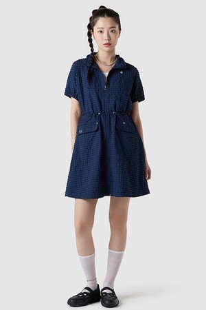 여성 크링클 시어서커 풀집 반팔 원피스 - 네이비(QQ222OOP51)