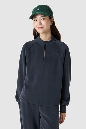 여성 샌드워싱 더블텐션 루즈핏 하프집업 - 블랙(QQ322OFS84)