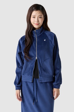 여성 루즈핏 벨듀로이 하이넥 집업 - 네이비 QQ422OFTO3