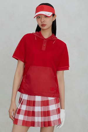 여성 경량 메쉬 후디 반소매 티셔츠 - 레드_RED-a