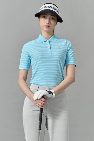 여성 스트라이프 반팔 티셔츠 - 스카이 블루_BLUE-a