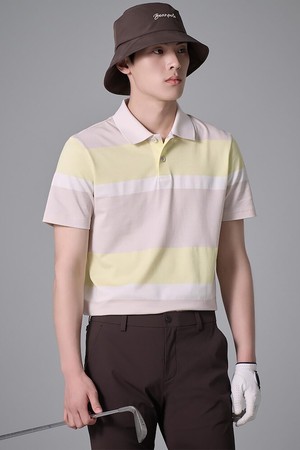 남성 보더 스트라이프 반소매 칼라 티셔츠 - 베이지_BEIGE-a