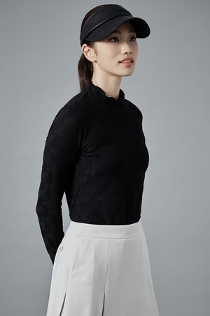 [Essential] 여성 자카드 하이넥 티셔츠 - 블랙_BLACK-a