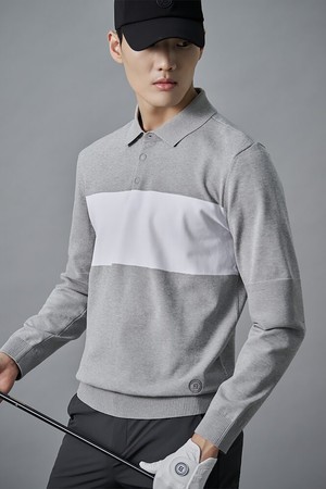 남성 경량 컬러블럭 니트 칼라 풀오버 - 그레이_GREY-a