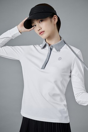 여성 기모 배색 칼라 티셔츠 - 화이트_WHITE-a