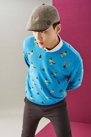 [Print Bakery] 남성 청둥오리 올오버 니트 풀오버 - 블루_BLUE-a