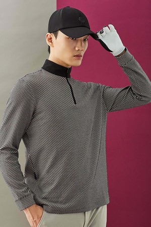 남성 잔패턴 하이넥 반집업 티셔츠 - 블랙_BLACK-a