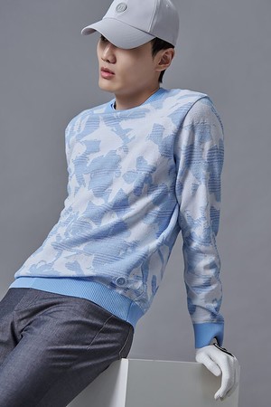 남성 니트 플라워 패턴 풀오버 - 스카이 블루_BLUE-a