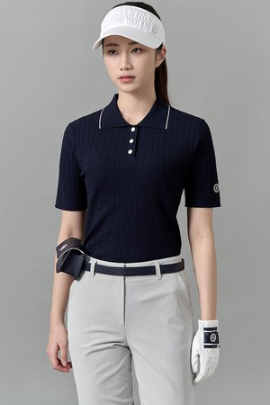 여성 케이블 니트 반팔 풀오버 - 네이비_NAVY-a