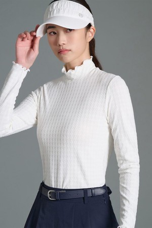 여성 자카드 하이넥 긴소매 티셔츠 - 화이트_WHITE-a