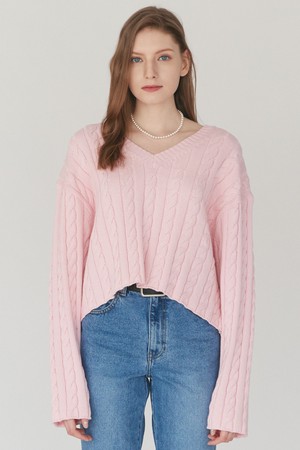 [22SS] CABLE V NECK KNIT - PINK