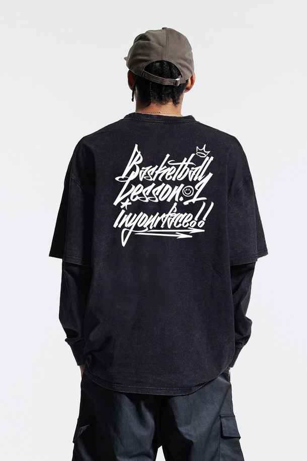 CREAM SODA LAB - 긴팔티셔츠 - 씨알에스디엘 레슨 원 피그먼트 페이크 이중 레이어드 롱슬리브