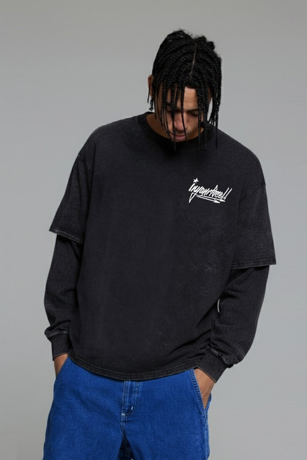 CREAM SODA LAB - 긴팔티셔츠 - 씨알에스디엘 레슨 원 피그먼트 페이크 이중 레이어드 롱슬리브