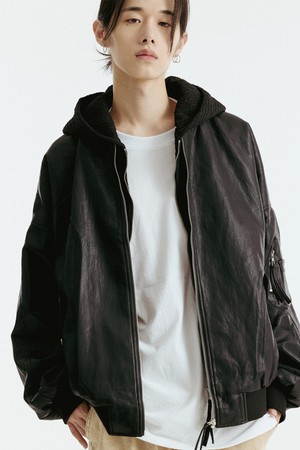 니트 후드 레더 자켓