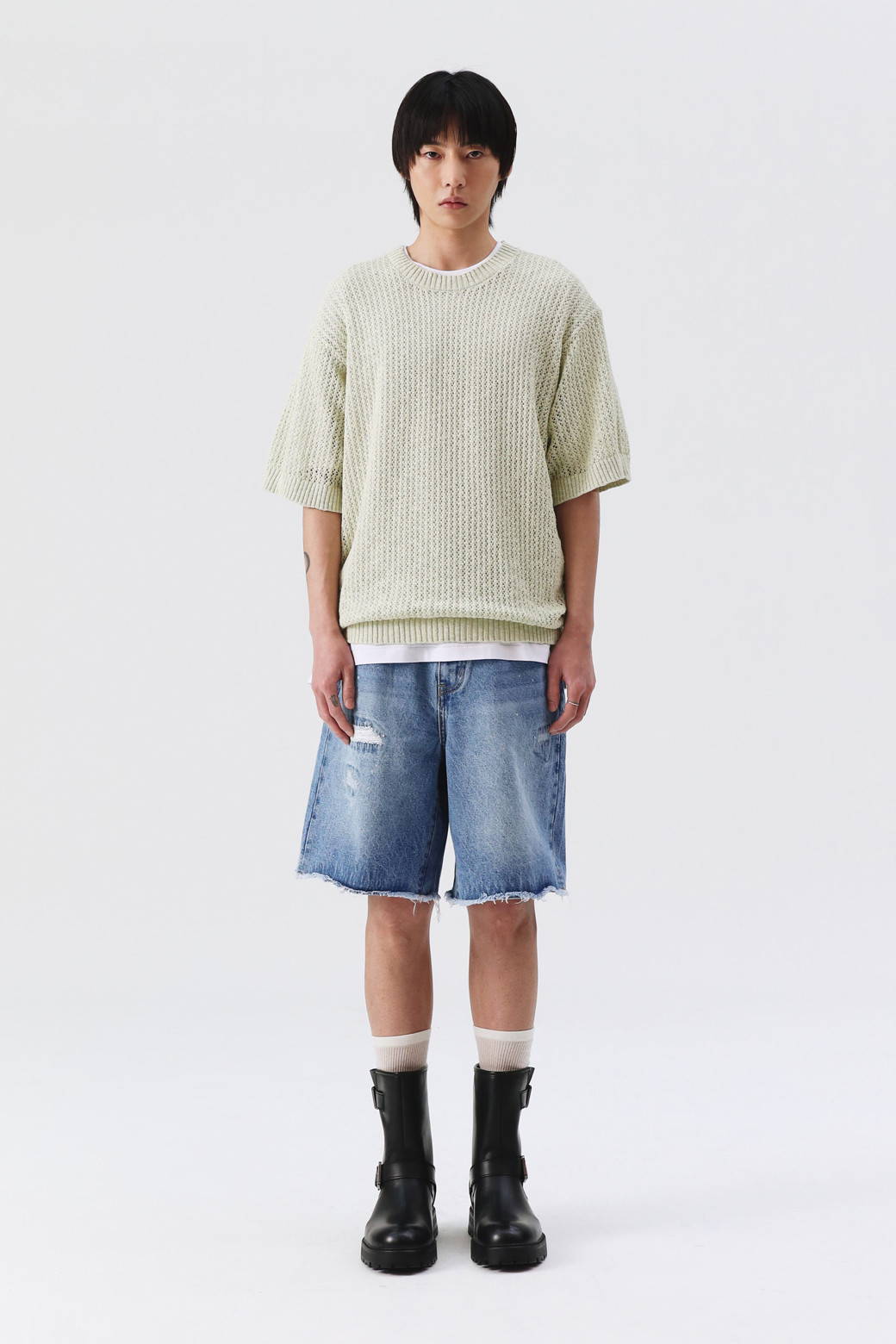 AMOUPRE - 니트/가디건 - Mesh Crew Neck Short Sleeve Sweater (Light Yellow)