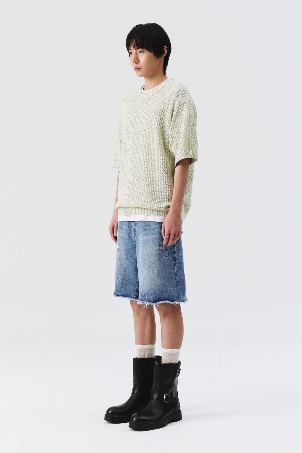 AMOUPRE - 니트/가디건 - Mesh Crew Neck Short Sleeve Sweater (Light Yellow)