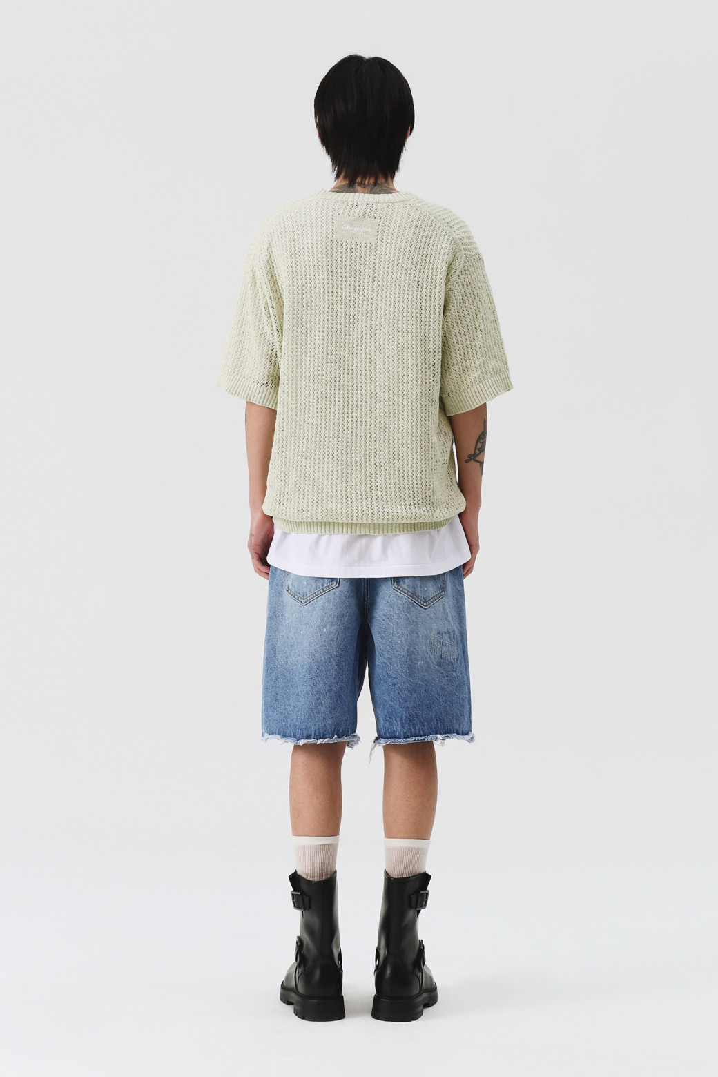 AMOUPRE - 니트/가디건 - Mesh Crew Neck Short Sleeve Sweater (Light Yellow)