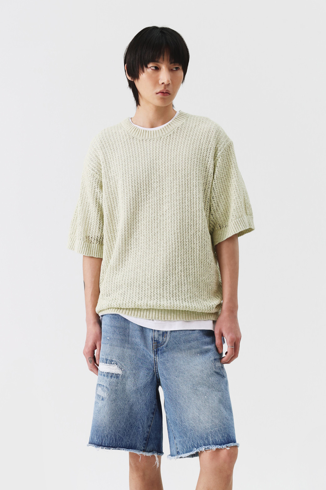 AMOUPRE - 니트/가디건 - Mesh Crew Neck Short Sleeve Sweater (Light Yellow)