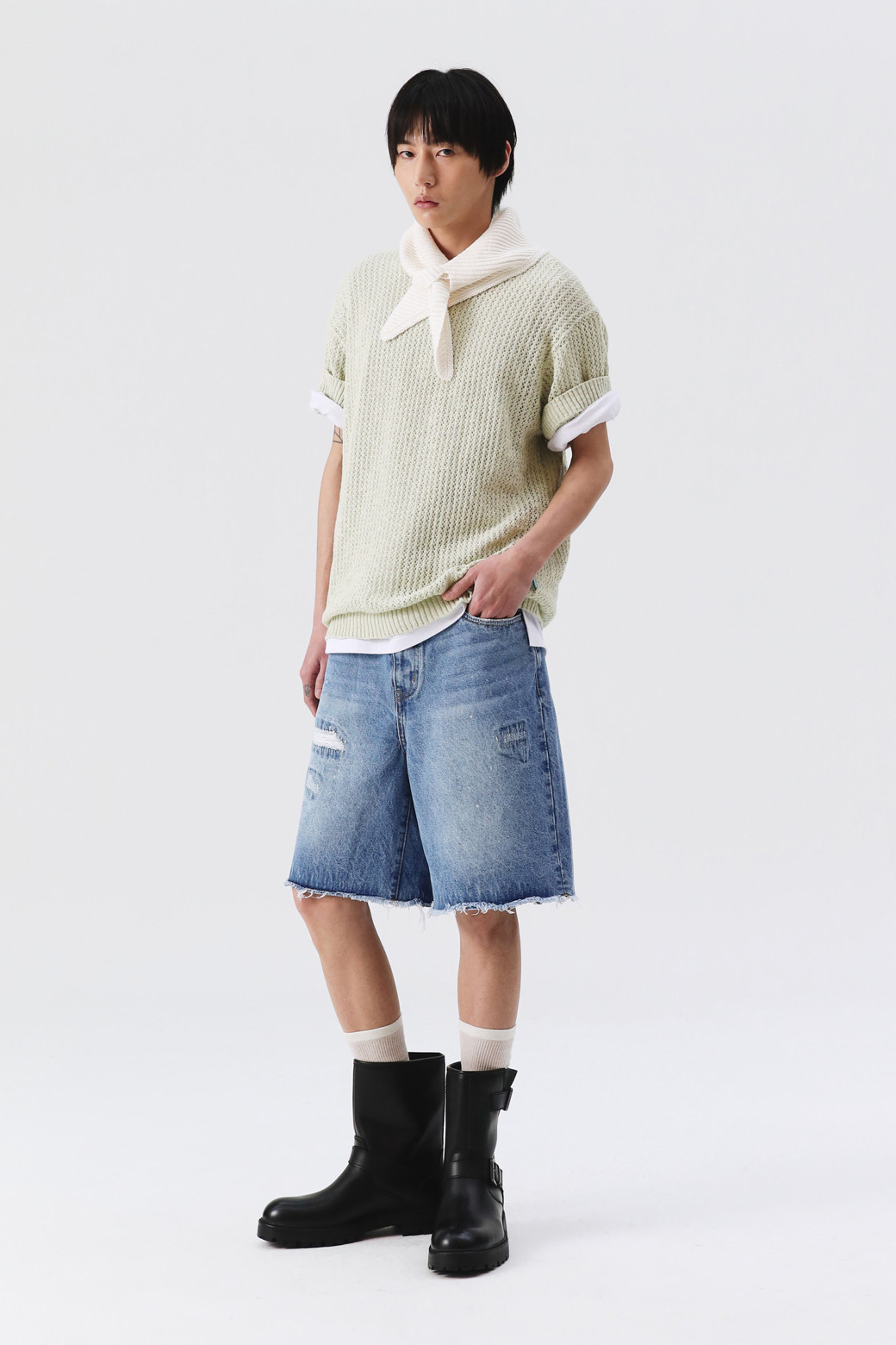 AMOUPRE - 니트/가디건 - Mesh Crew Neck Short Sleeve Sweater (Light Yellow)