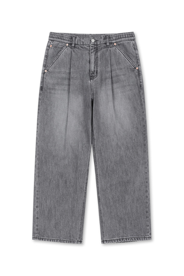 AMOUPRE - 캐주얼팬츠 - Relaxed Tapered One-Tuck Washed Denim (Gray)