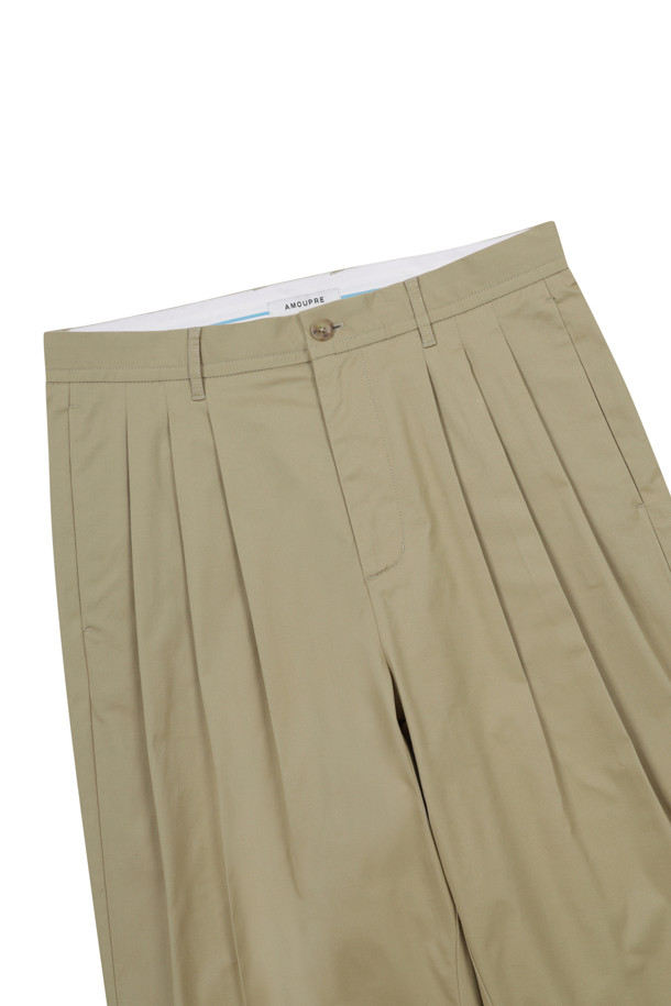 AMOUPRE - 캐주얼팬츠 - Relaxed Tapered 3-Tuck Pants (Beige)