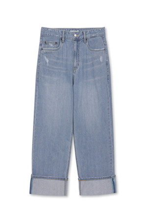 Cropped Turn-Up Wide Denim (Blue)