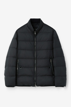 가죽트리밍 경량 구스다운 블루종