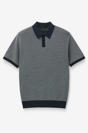 코튼 강연 잔 스트라이프 카라넥 니트