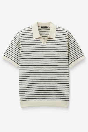 한지 코튼 스트라이프 오픈 카라넥 니트