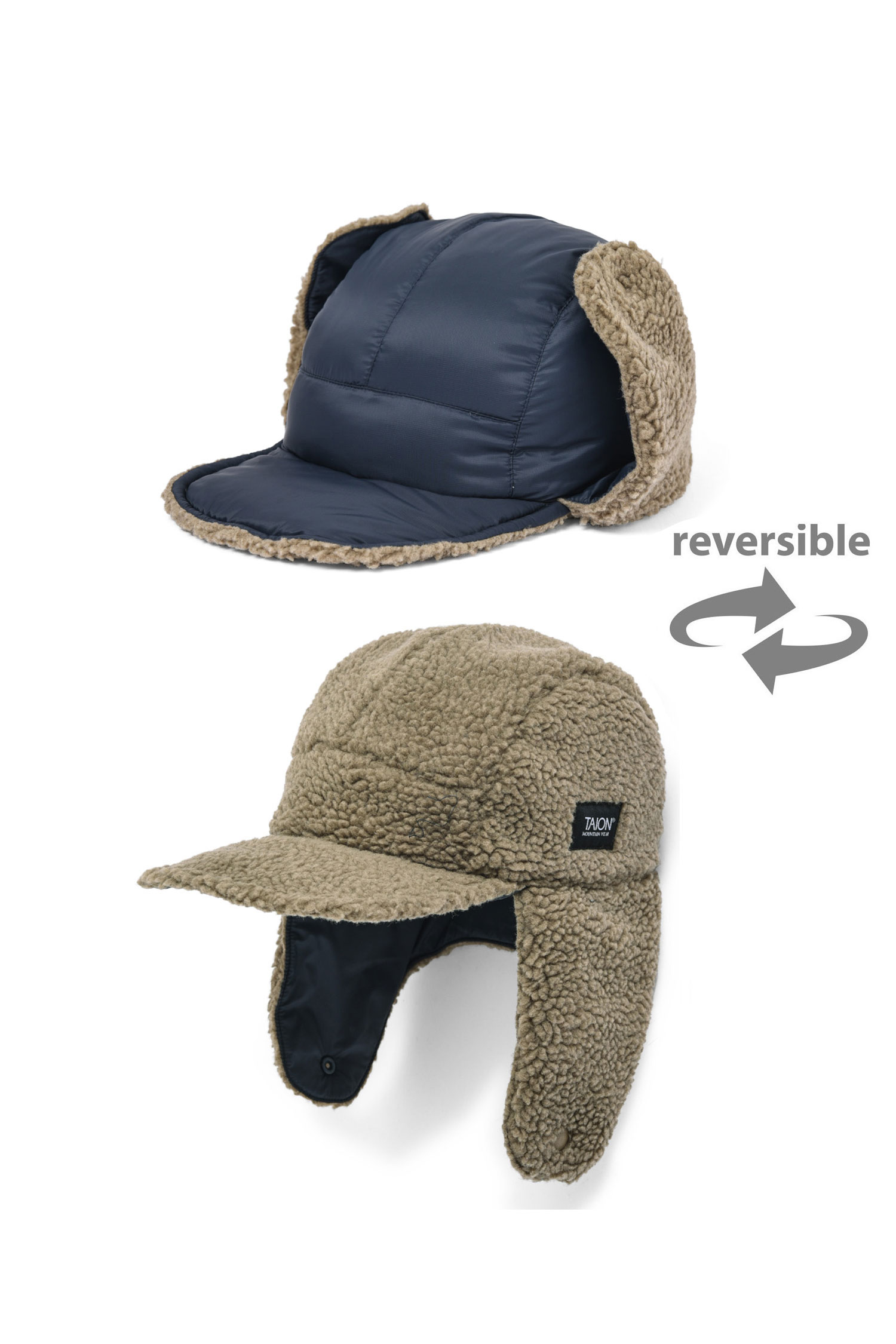 [TAION] MOUNTAIN REVERSIBLE DOWN×BOA WARM CAP D.NAVY×BEIGE