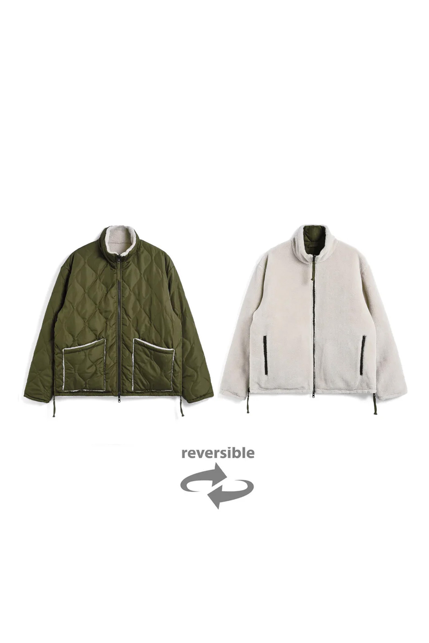 TAION - 다운/패딩 - [타이온] MILITARY RIVERSIBLE HI NECK DOWN JKT 밀리터리 리버시블 하이넥 다운 자켓 - D.OLIVE×CREAM