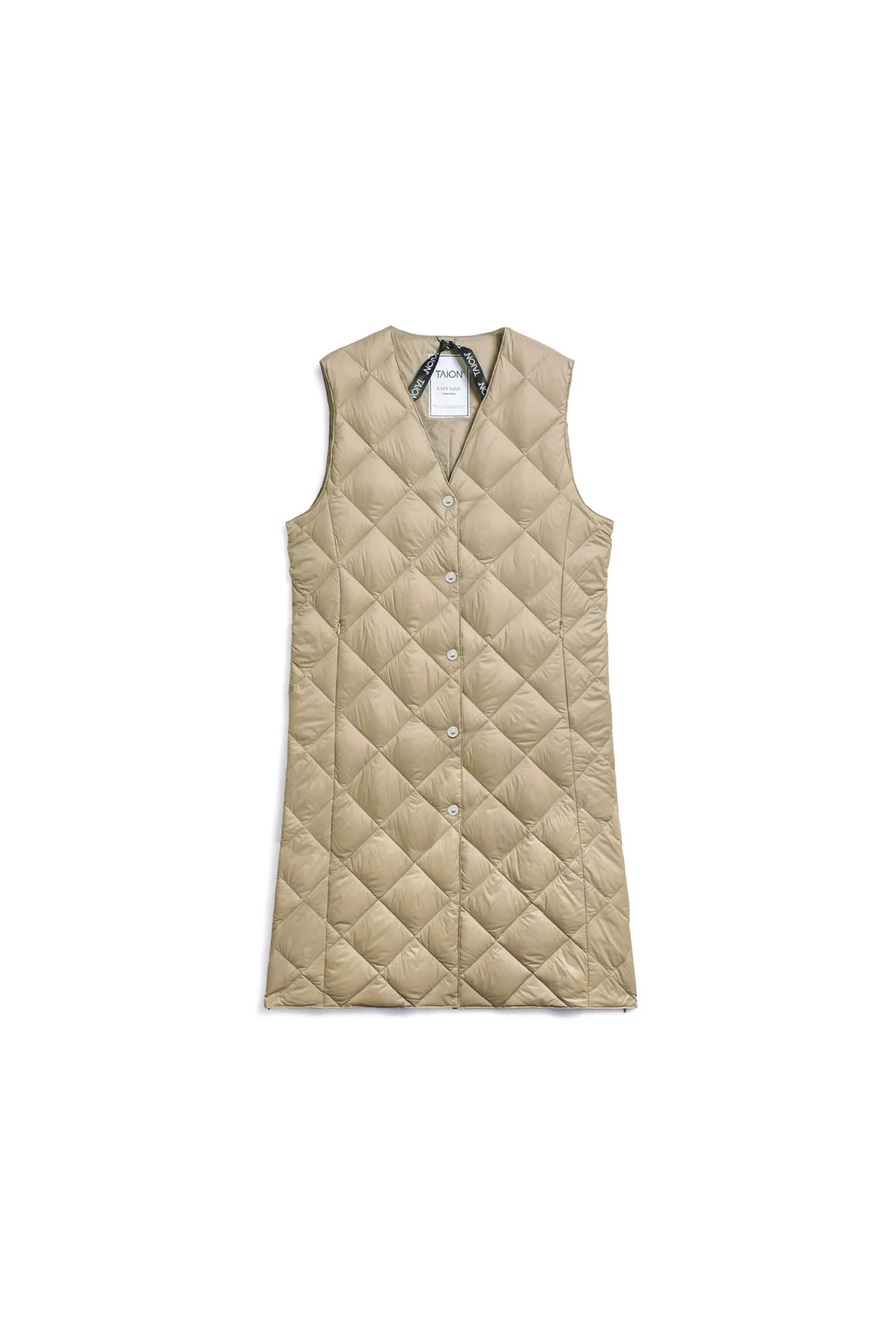 TAION - 다운/패딩 - [타이온] V NECK BUTTON LONG DOWN GILET 브이넥 버튼 롱 다운 길렛 - G.BEIGE