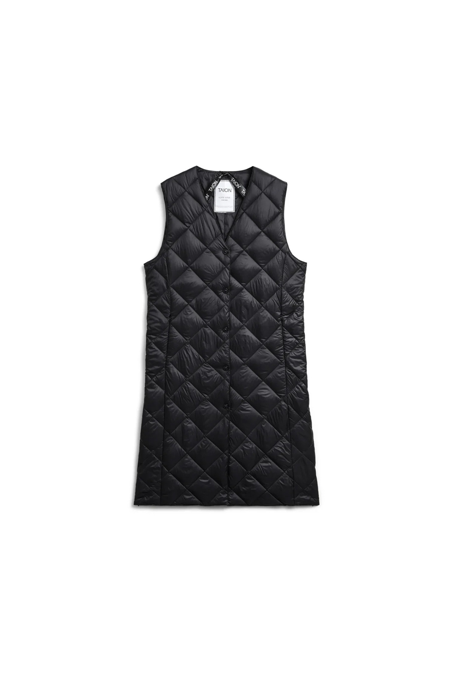 TAION - 다운/패딩 - [타이온] V NECK BUTTON LONG DOWN GILET 브이넥 버튼 롱 다운 길렛 - BLACK