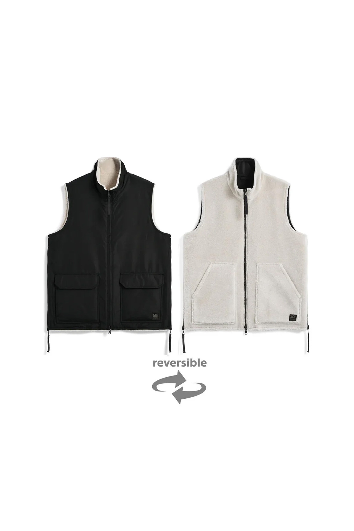 TAION - 다운/패딩 - [타이온] NON DOWN MILITARY REVERSIBLE BOA HI NECK VEST 논 다운 밀리터리 리버시블 보아 하이넥 베스트 - BLACK×CREAM