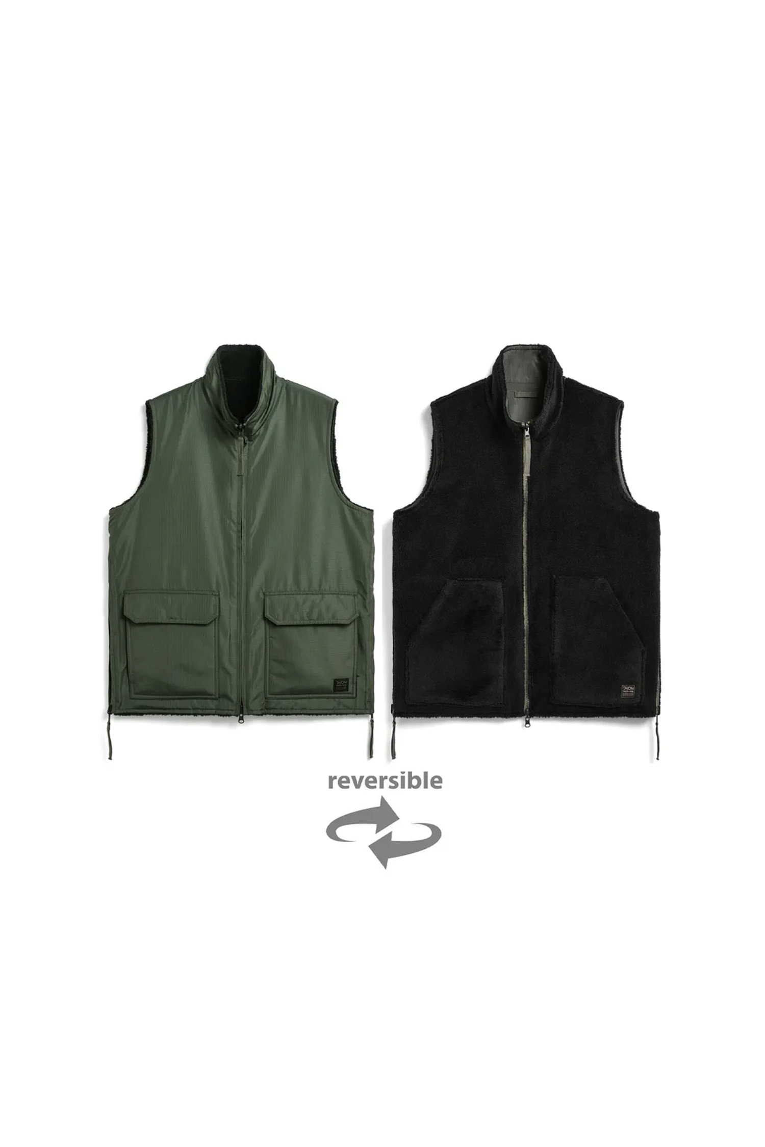 TAION - 다운/패딩 - [타이온] NON DOWN MILITARY REVERSIBLE BOA HI NECK VEST 논 다운 밀리터리 리버시블 보아 하이넥 베스트 - OLIVE×BLACK