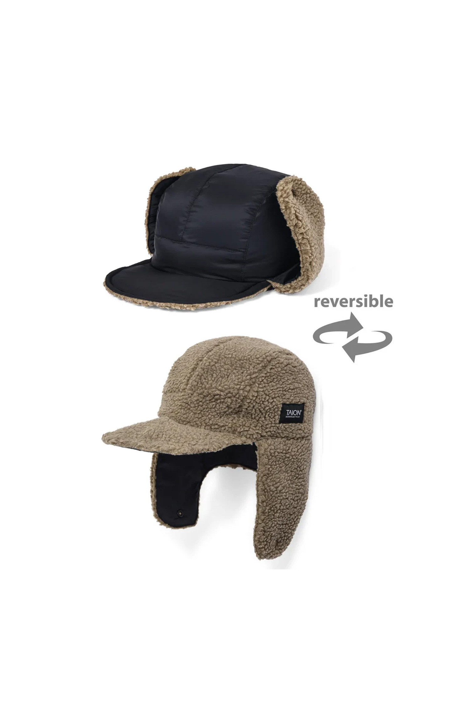 TAION - 모자 - [타이온] MOUNTAIN REVERSIBLE DOWN×BOA WARM CAP 마운틴 리버시블 다운 보아 웜캡 - BLACK×BEIGE