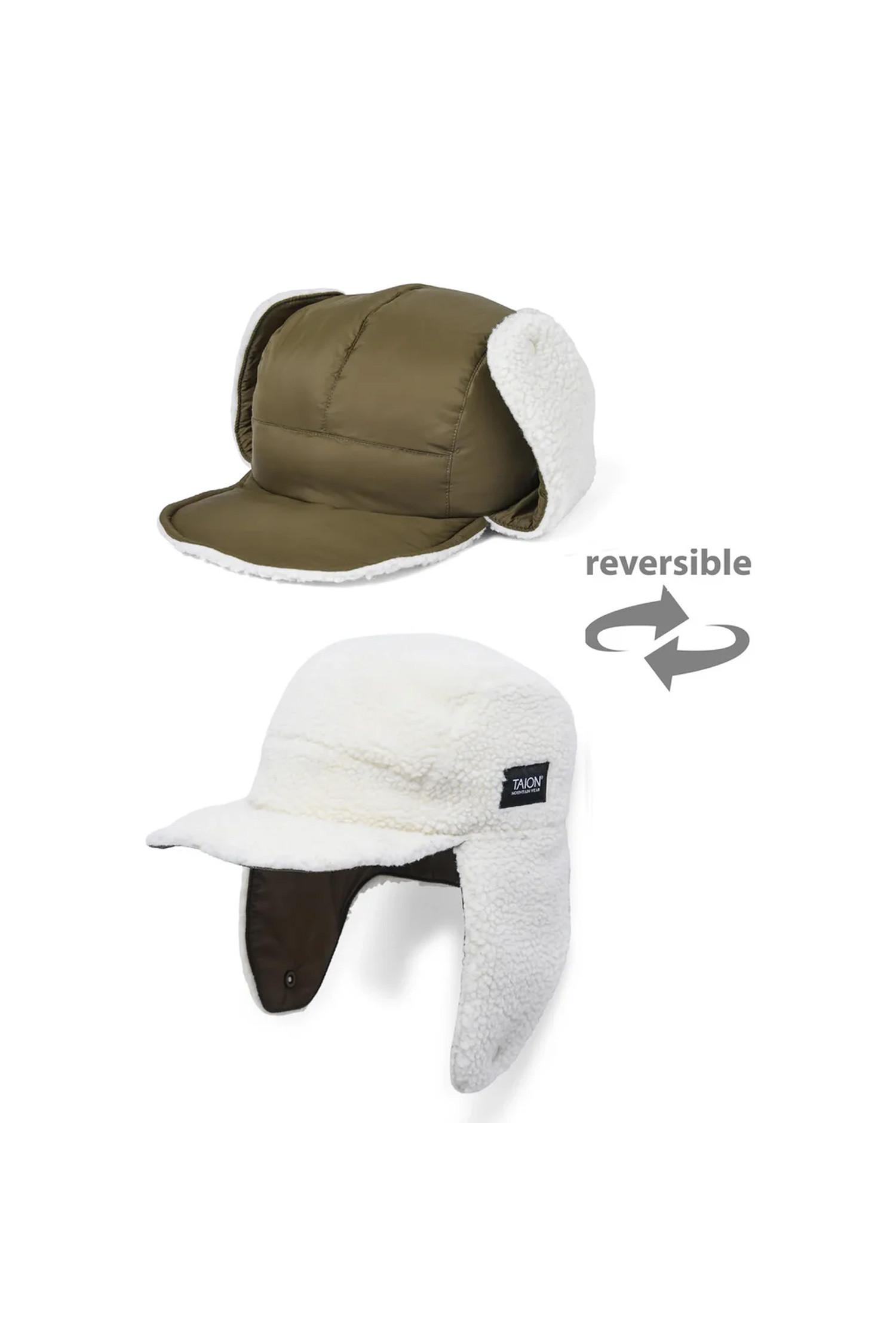 TAION - 모자 - [타이온] MOUNTAIN REVERSIBLE DOWN×BOA WARM CAP 마운틴 리버시블 다운 보아 웜캡 - OLIVE×IVORY